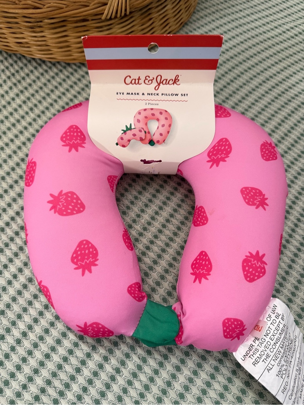 New Cat & Jack Pink Strawberry Print Neck Pillow Travel Neck Pillow